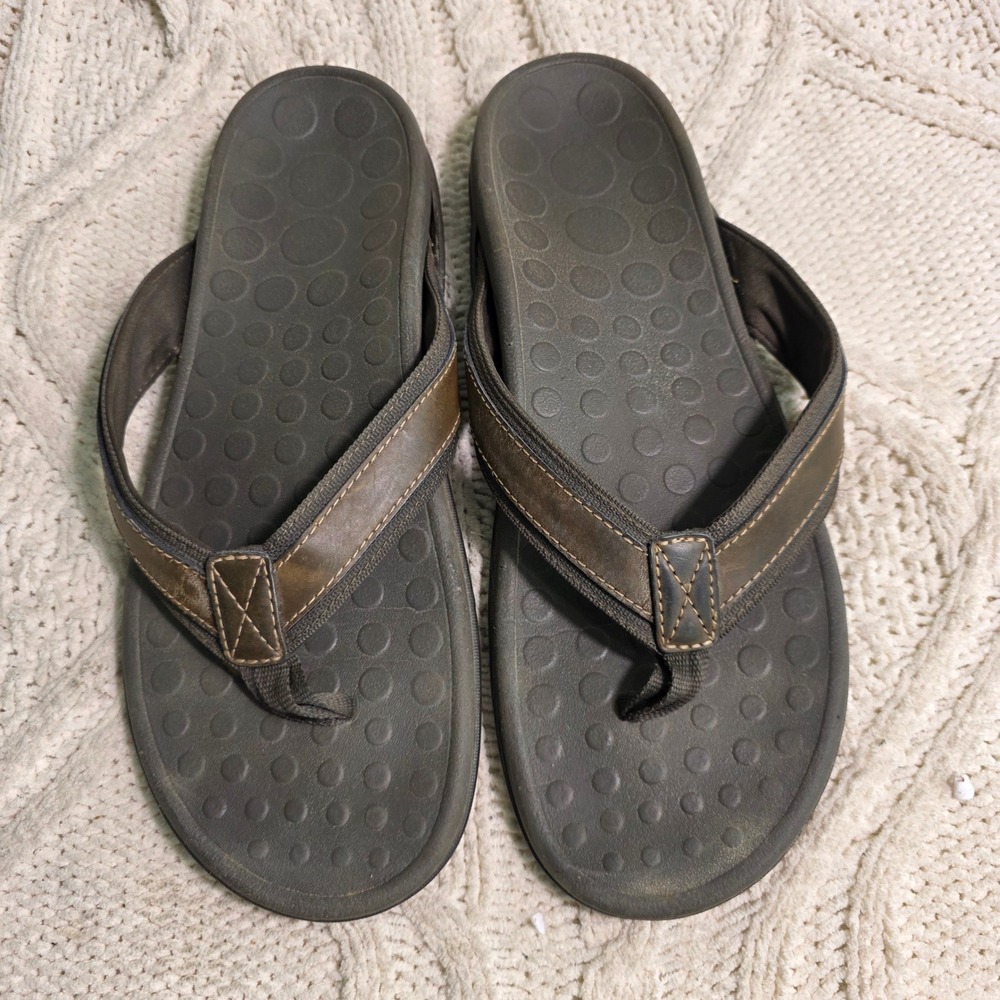 Vionic Tide Flip Flop Brown Leather Orthotic Mens 13 Excellent
